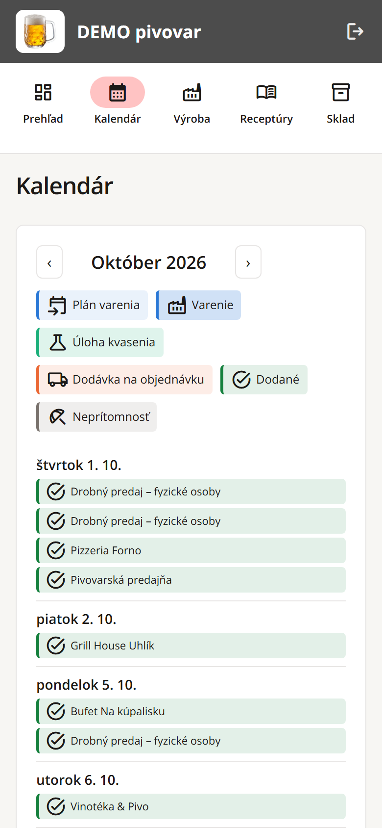 Aplikácia na mobile: kalendár s dodávkami a varením